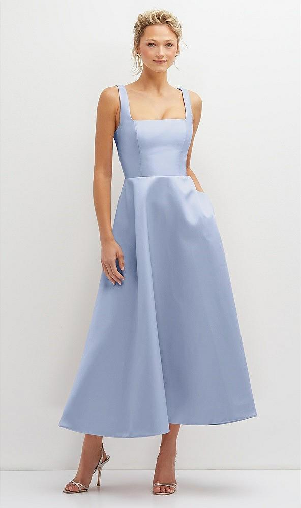 square neck satin midi dress with full skirt & pockets