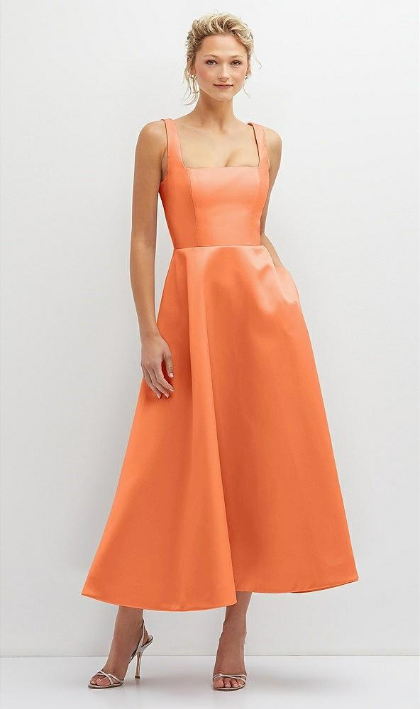 square neck satin midi dress with full skirt & pockets