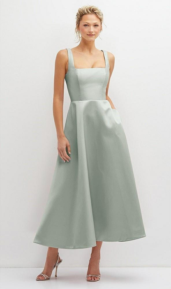 square neck satin midi dress with full skirt & pockets