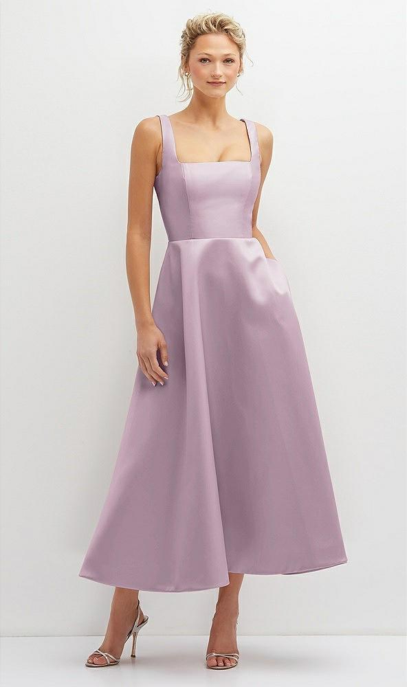 square neck satin midi dress with full skirt & pockets