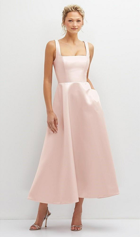 square neck satin midi dress with full skirt & pockets