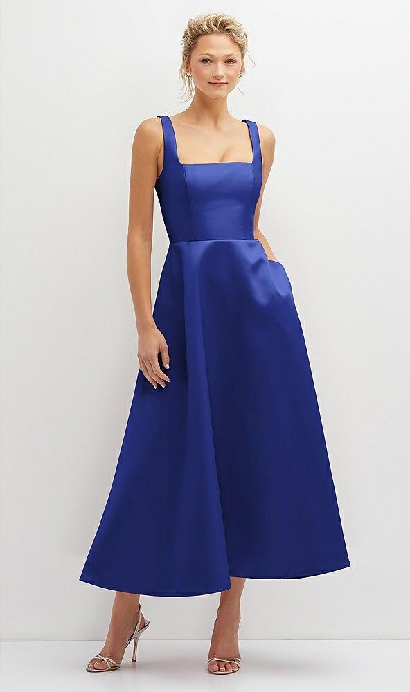 square neck satin midi dress with full skirt & pockets