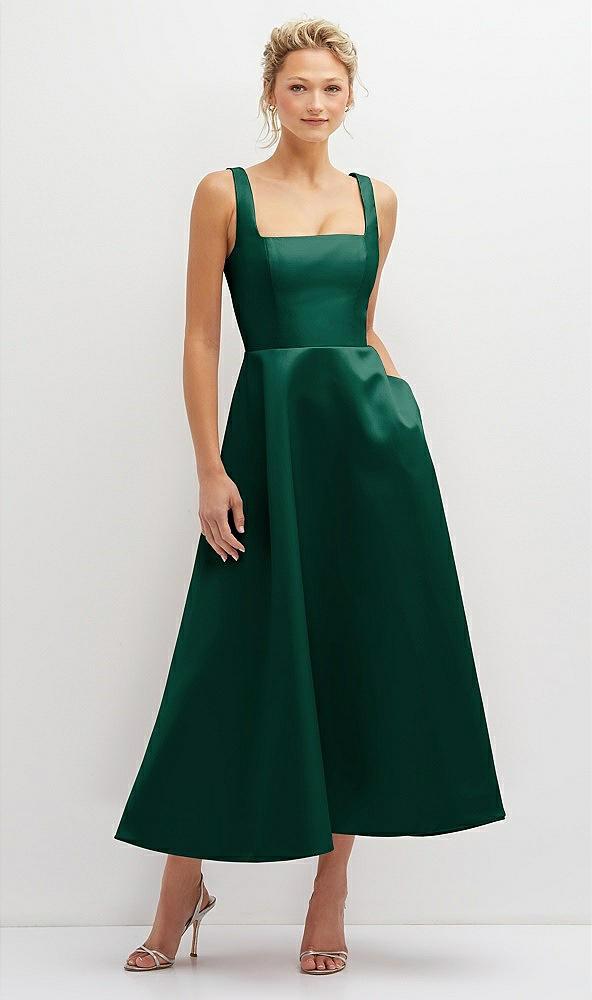 square neck satin midi dress with full skirt & pockets