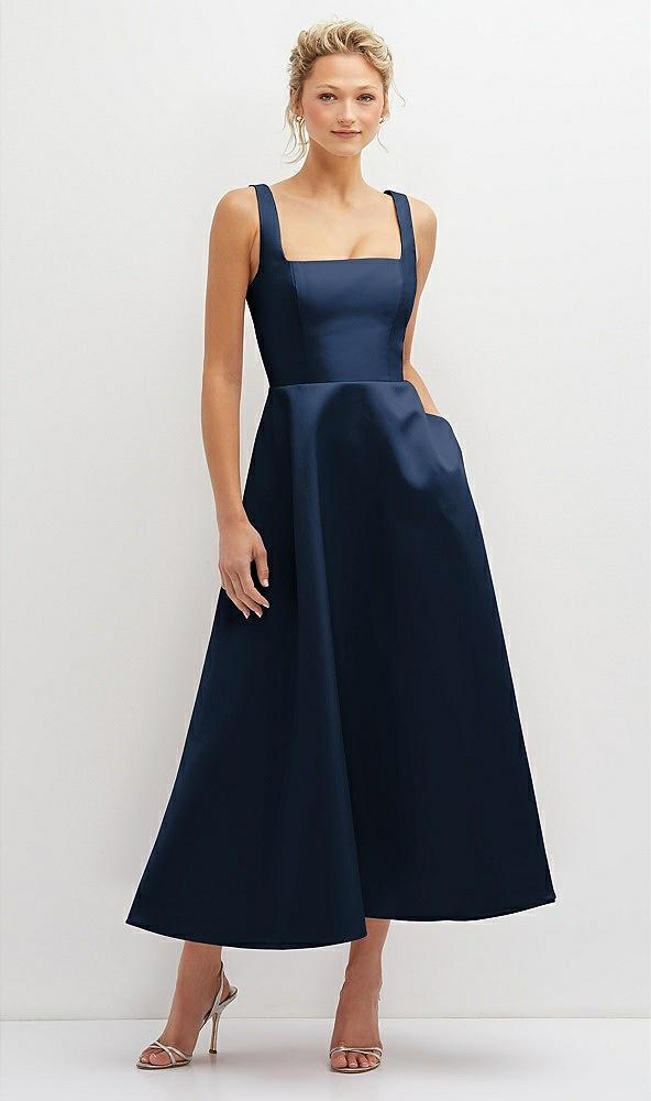 square neck satin midi dress with full skirt & pockets