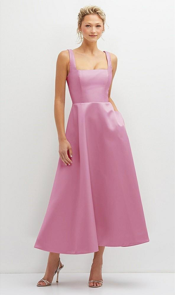 square neck satin midi dress with full skirt & pockets