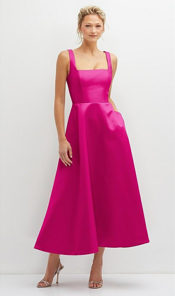 square neck satin midi dress with full skirt & pockets