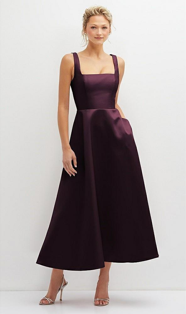 square neck satin midi dress with full skirt & pockets