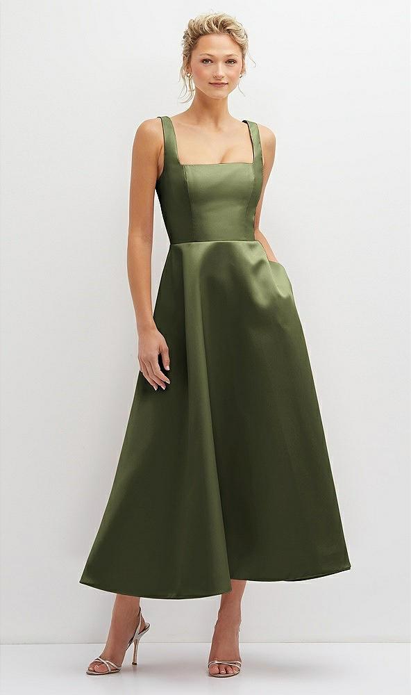 square neck satin midi dress with full skirt & pockets