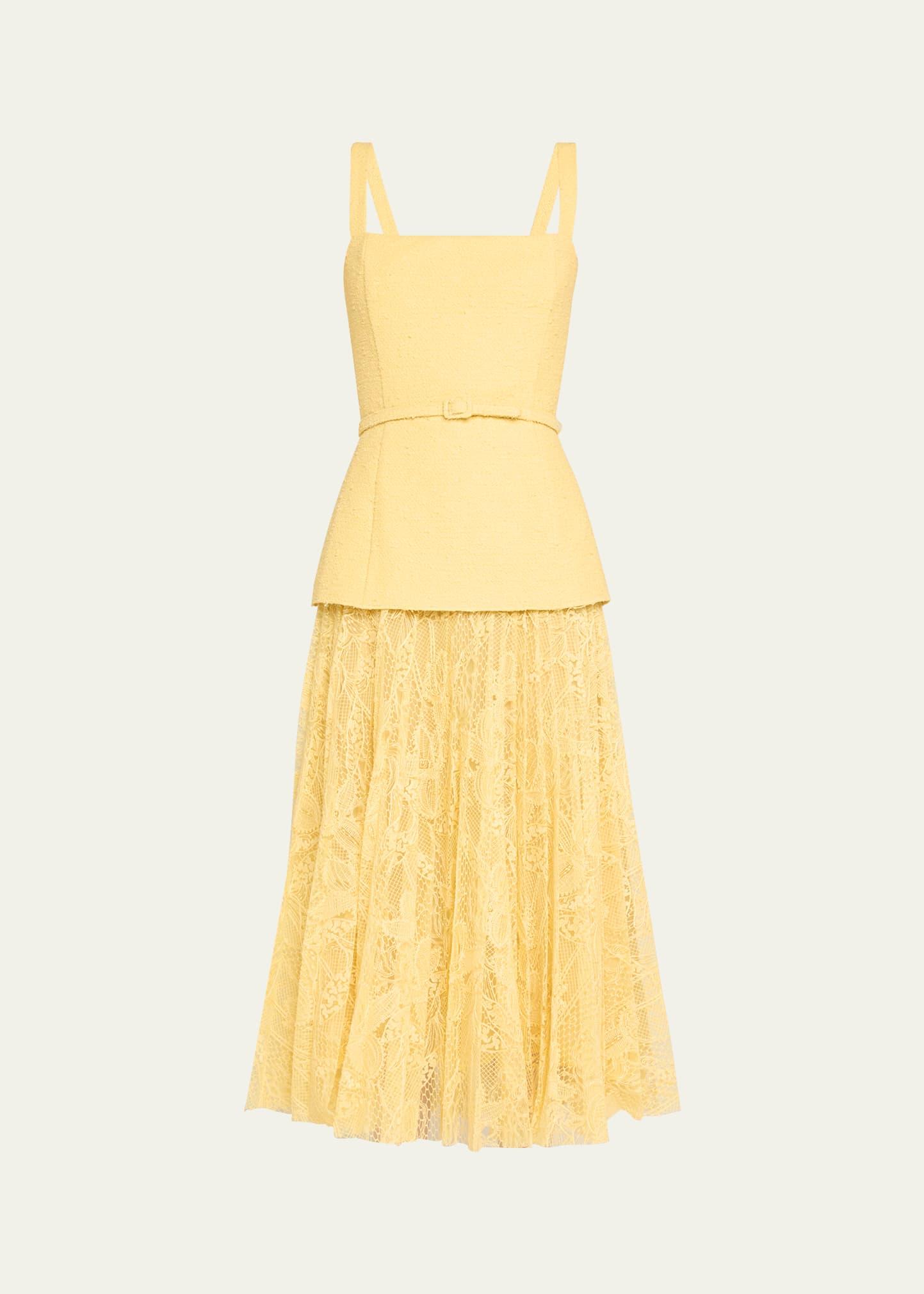 square-neck tweed and pleated lace midi dress