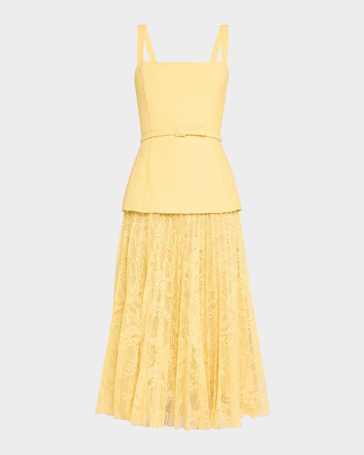 square-neck tweed and pleated lace midi dress