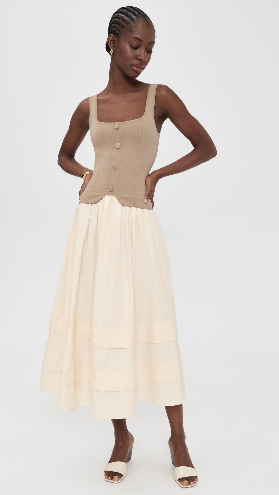 square neckline top mixed media midi dress