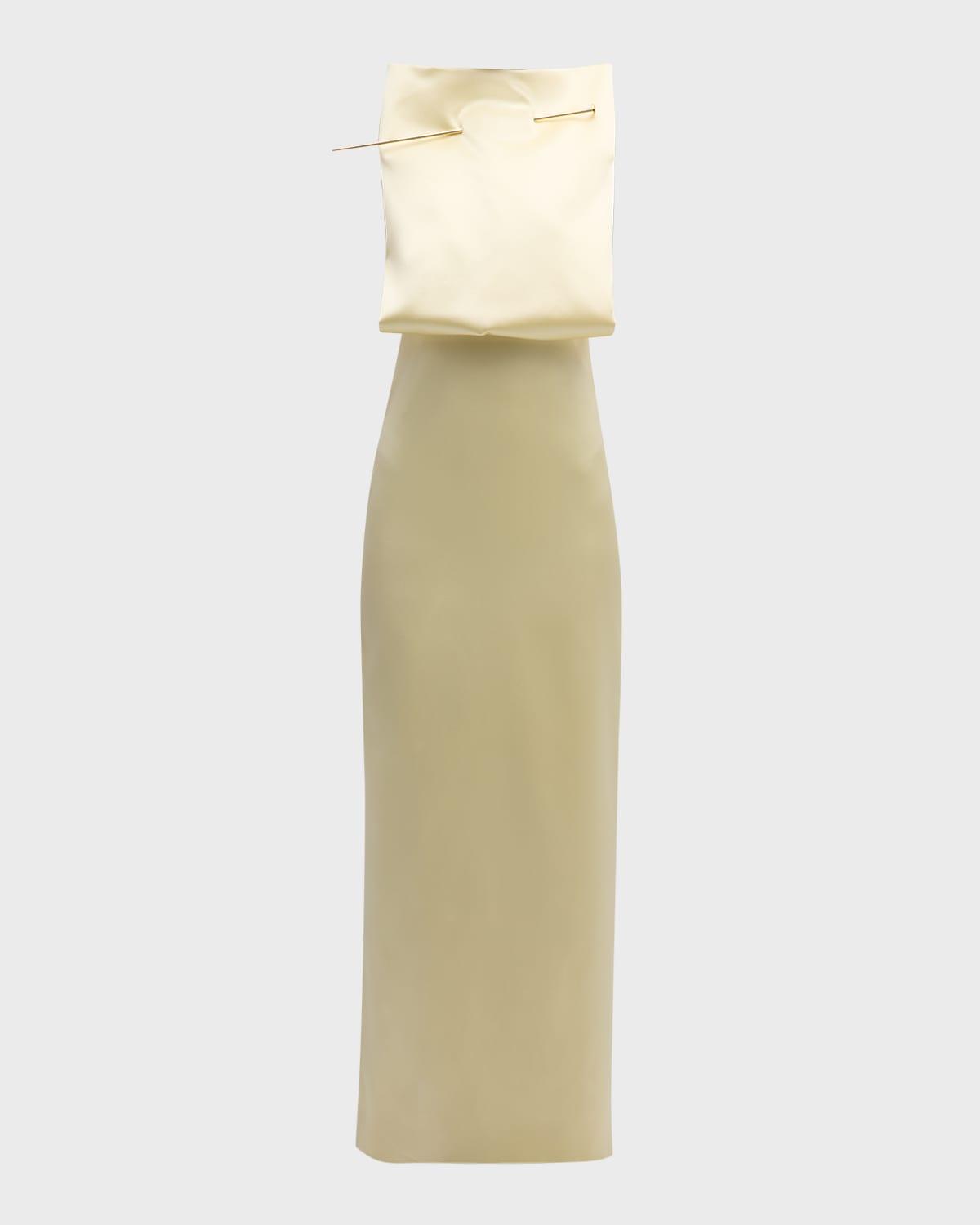 square top satin gown with metal pin