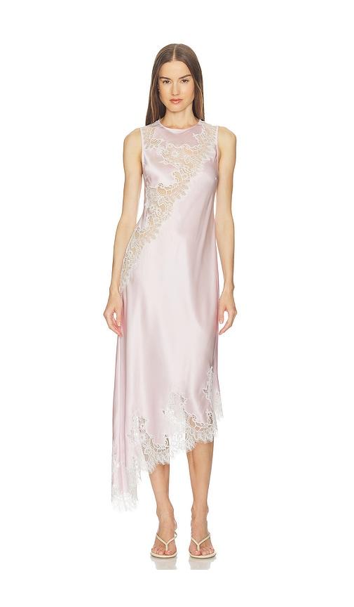 srg ellis silk midi dress in pink.