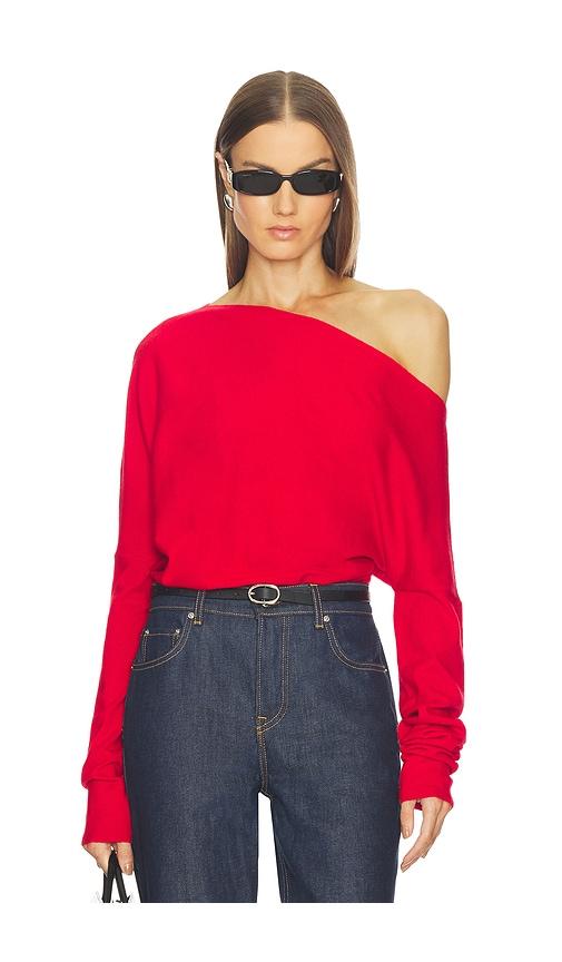srg yolaine cashmere off-shoulder sweater in red.