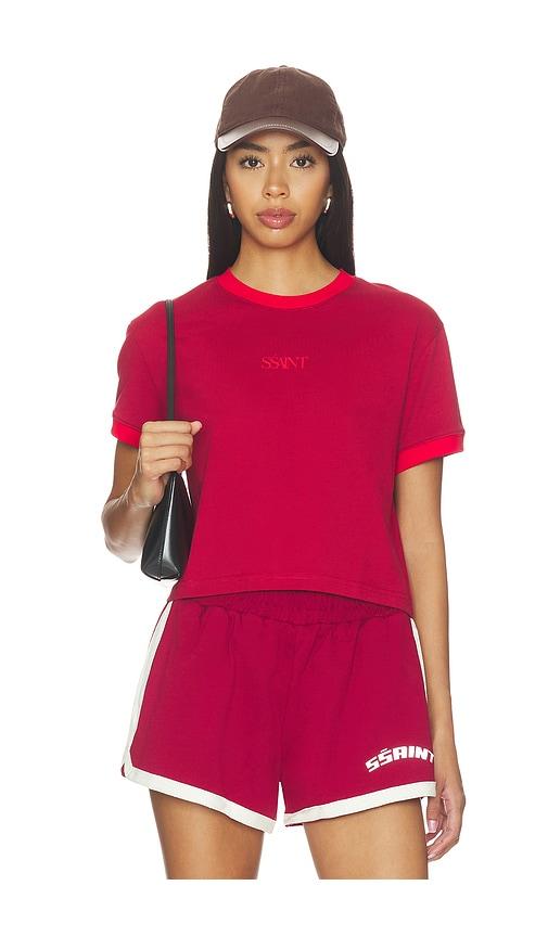 ssaint logo baby tee in red.