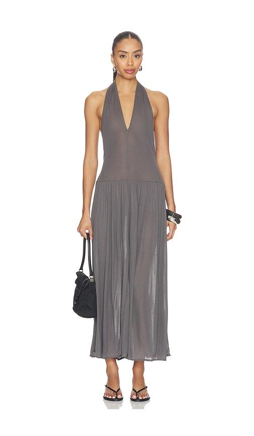 st. agni fluid jersey halter dress in grey.