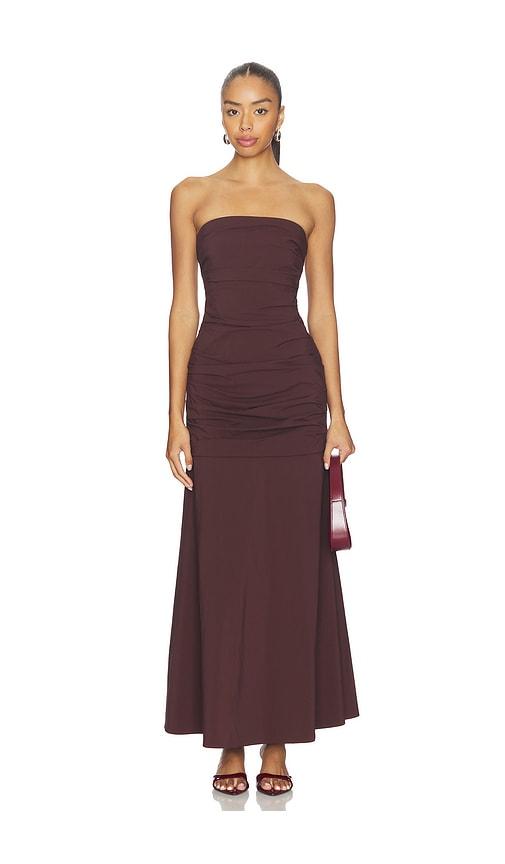 st. agni gathered strapless longline dress in chocolate.