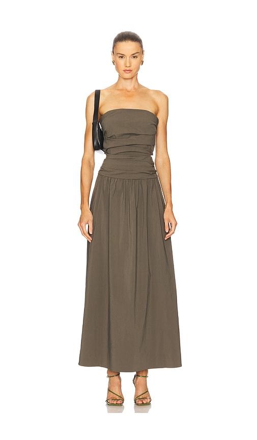 st. agni gathered strapless tie back dress in brown.