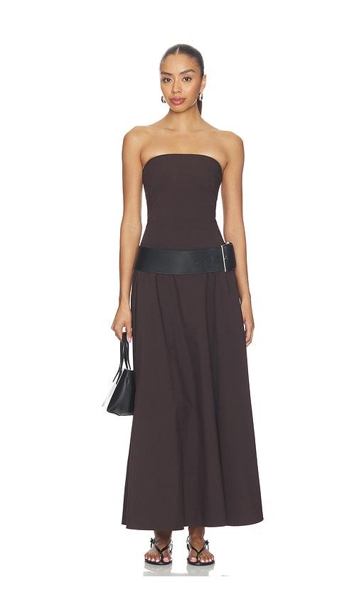 st. agni strapless rouleau dress in chocolate.