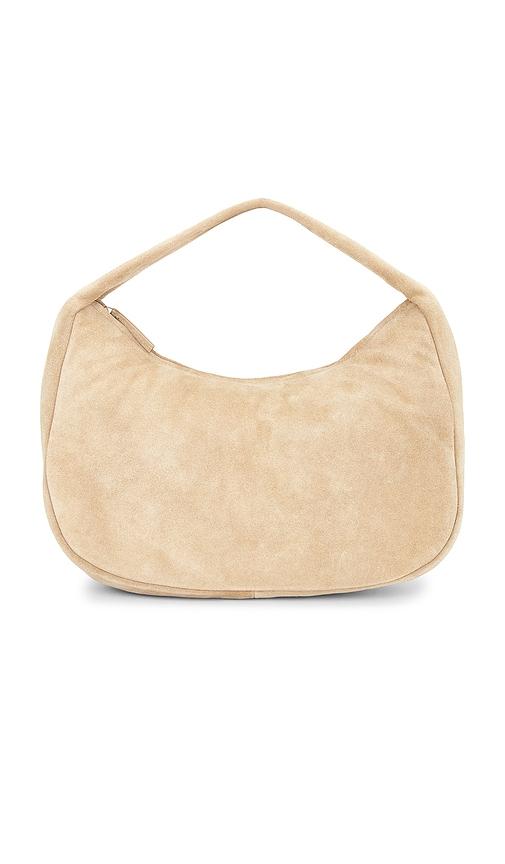 st. agni suede large bon bon bag in beige.
