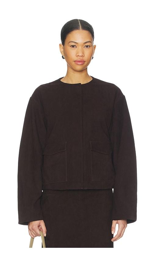 st. agni suede utility cocoon bomber in chocolate.