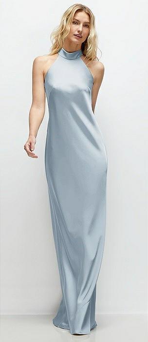 stand collar bias satin maxi dress with self-tie bow back