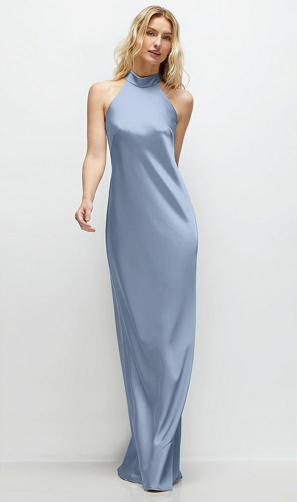 stand collar bias satin maxi dress with self-tie bow back
