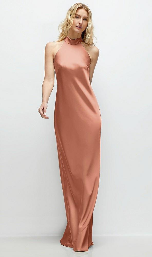stand collar bias satin maxi dress with self-tie bow back