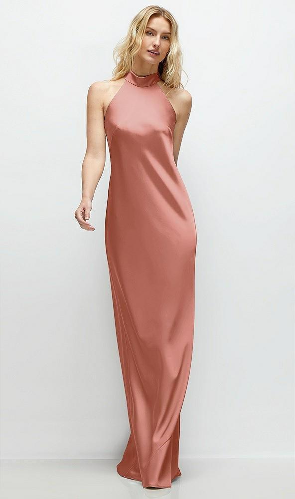 stand collar bias satin maxi dress with self-tie bow back