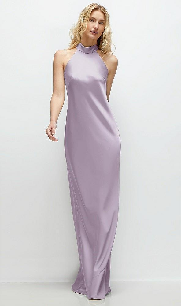 stand collar bias satin maxi dress with self-tie bow back