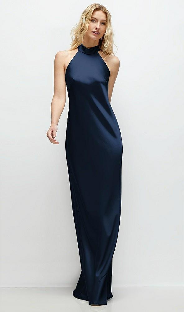 stand collar bias satin maxi dress with self-tie bow back