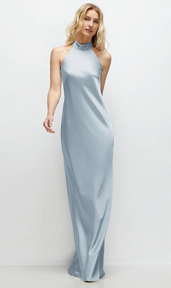 stand collar bias satin maxi dress with self-tie bow back