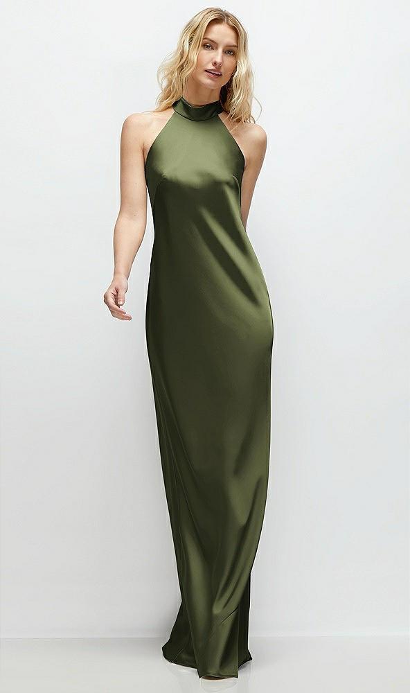 stand collar bias satin maxi dress with self-tie bow back