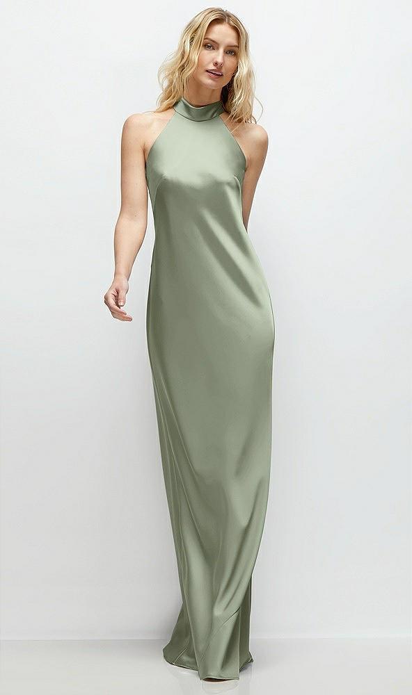 stand collar bias satin maxi dress with self-tie bow back