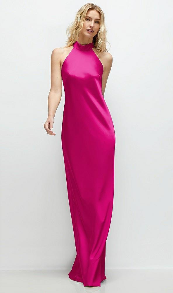 stand collar bias satin maxi dress with self-tie bow back