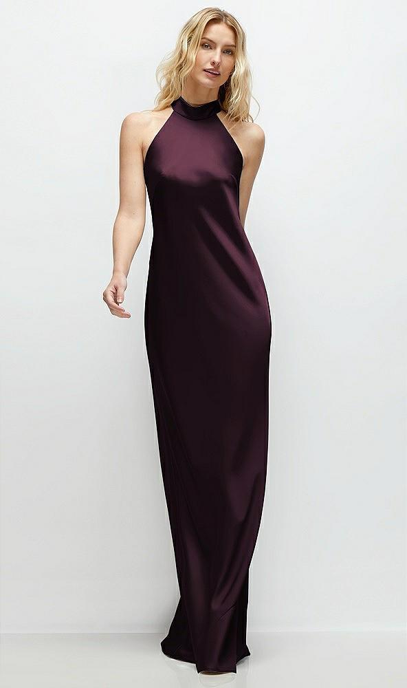 stand collar bias satin maxi dress with self-tie bow back