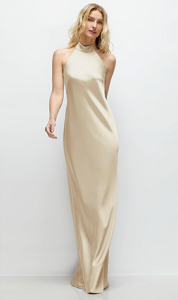 stand collar bias satin maxi dress with self-tie bow back