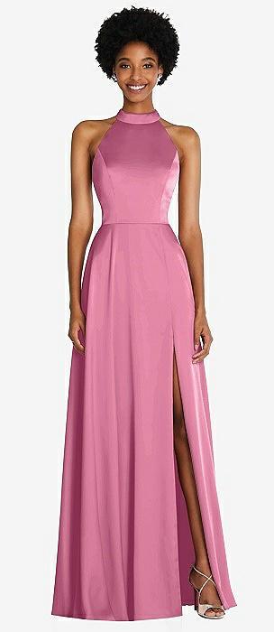 stand collar cutout tie back maxi dress with front slit