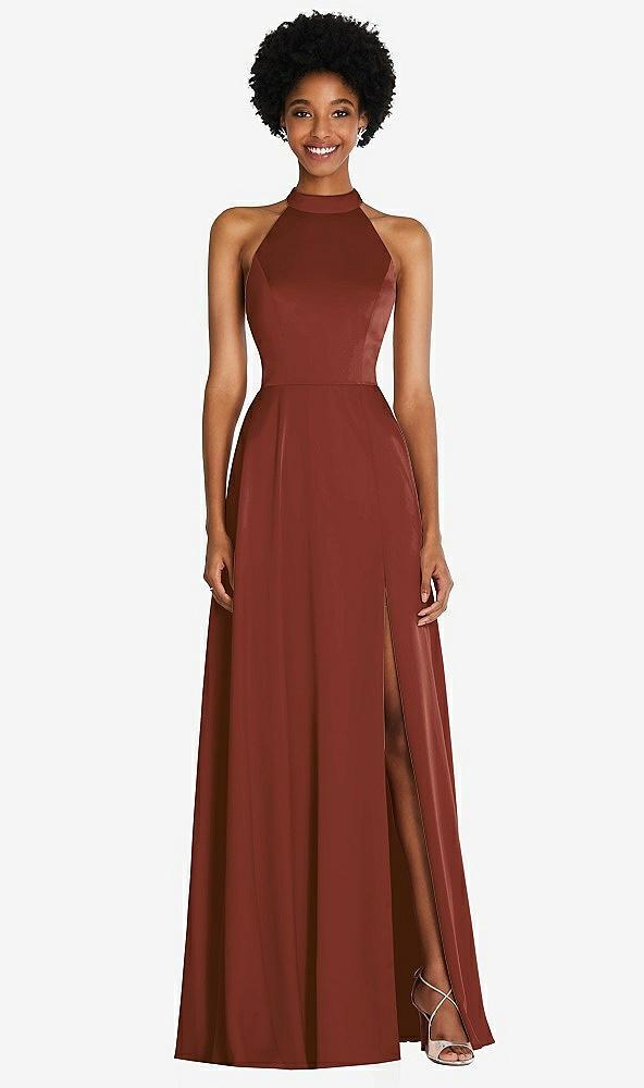 stand collar cutout tie back maxi dress with front slit