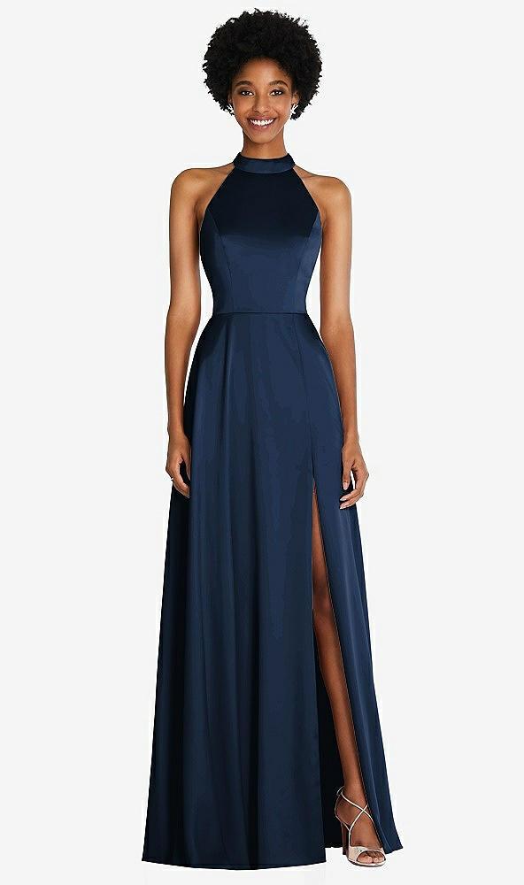 stand collar cutout tie back maxi dress with front slit