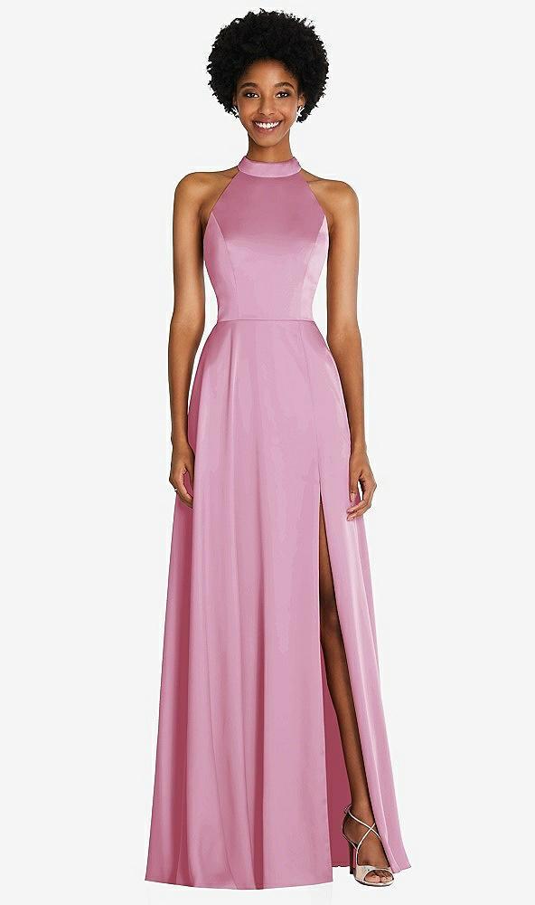 stand collar cutout tie back maxi dress with front slit