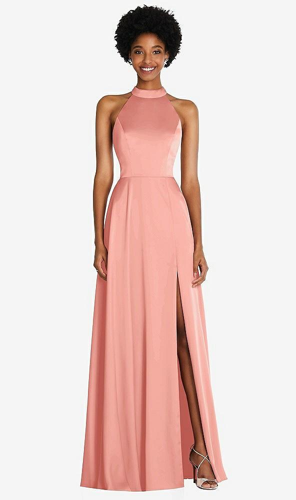stand collar cutout tie back maxi dress with front slit