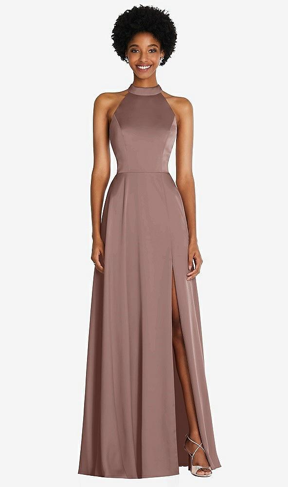 stand collar cutout tie back maxi dress with front slit