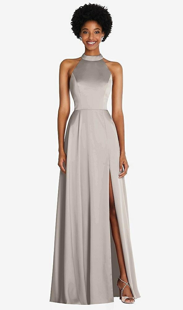 stand collar cutout tie back maxi dress with front slit