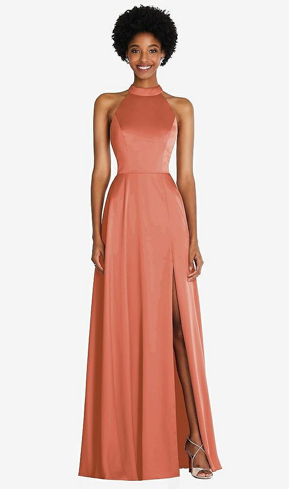 stand collar cutout tie back maxi dress with front slit