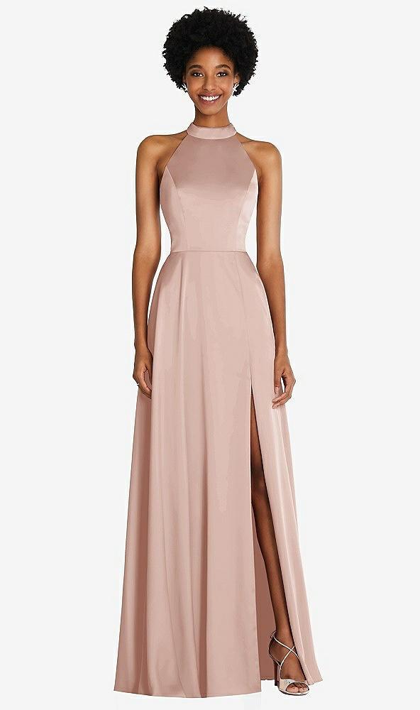 stand collar cutout tie back maxi dress with front slit