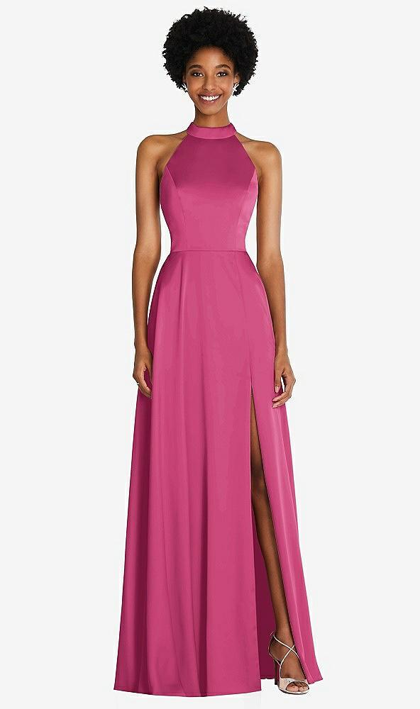 stand collar cutout tie back maxi dress with front slit
