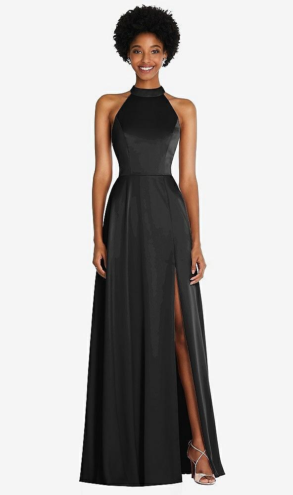 stand collar cutout tie back maxi dress with front slit
