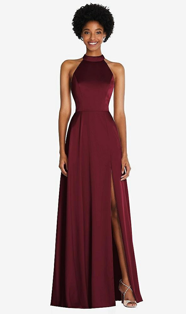 stand collar cutout tie back maxi dress with front slit