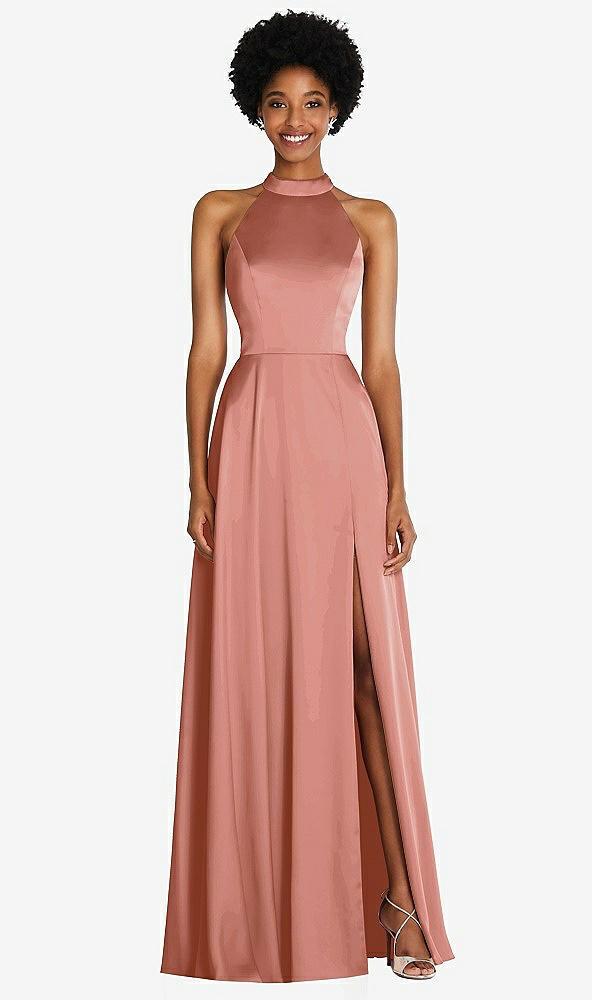 stand collar cutout tie back maxi dress with front slit